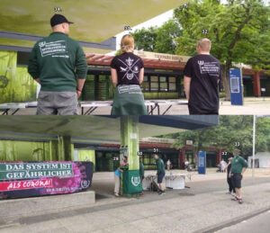 Collage mehrerer Personen an einem Wahlkampfstand.